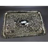Silver Birmingham hallmarked tray with repousse decoration and unmarked cartouche approx 29 x 20cm &