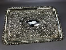 Silver Birmingham hallmarked tray with repousse decoration and unmarked cartouche approx 29 x 20cm &