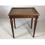 Silver table / display table with carved detailing on tapered legs, approx 67cm x 51cm x 75cm tall
