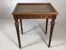 Silver table / display table with carved detailing on tapered legs, approx 67cm x 51cm x 75cm tall