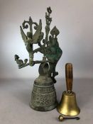 Copper Monastery type bell inscribed 'Vocem Meam Audit Qui Me Tangit' on wall bracket, approx 36cm