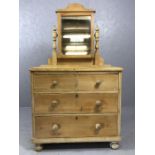 Antique pine chest of four drawers / dressing table with adjustable mirror over, approx 88cm x