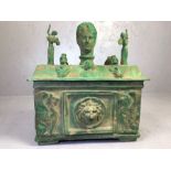 Large bronze chest, possibly Roman, with removable lid, applied statues, appliques, a bust to the