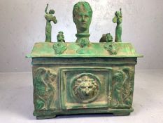 Large bronze chest, possibly Roman, with removable lid, applied statues, appliques, a bust to the