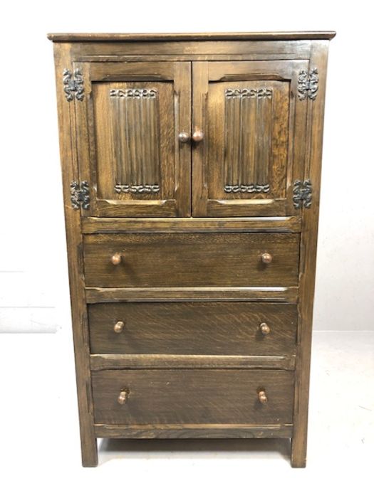 Dark wooden storage unit / linen cupboard with three drawers and cupboard over, approx 79cm x 49cm x