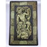 Decorative wooden plaque with applied carving, Aztec in design, approx 34cm x 22cm