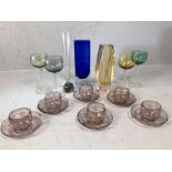 Small collection of vintage coloured glassware to include vases, cups and saucers etc