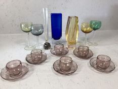 Small collection of vintage coloured glassware to include vases, cups and saucers etc