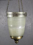 Art Deco glass and brass pendant light of tapering cylindrical form, approx 37cm in height,