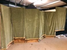 Textiles: Large quantity of moss green velvet or velour curtain fabric with fringing