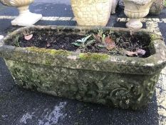 Stone garden trough / planter with lions head deign, approx 71cm x 27cm x 28cm tall