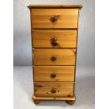 Pine chest of five drawers, approx 44cm x 39cm x 90cm tall