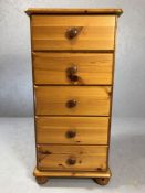 Pine chest of five drawers, approx 44cm x 39cm x 90cm tall