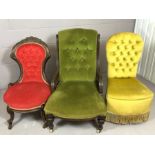 Two Victorian nursing chairs on original castors and an upholstered bedroom chair