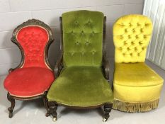 Two Victorian nursing chairs on original castors and an upholstered bedroom chair