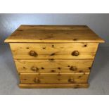 Low pine chest of three drawers, approx 80cm x 44cm x 63cm tall