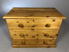 Low pine chest of three drawers, approx 80cm x 44cm x 63cm tall