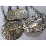 Three silver decanter labels for Sherry, Port & Whiskey (Port not hallmarked)
