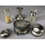 Collection of A/F hallmarked silver items to include sovereign holder A/F, candle stick etc (6