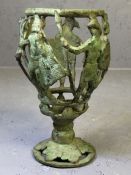 Bronze Roman-style gladiator goblet on foliate base, approx 15cm tall