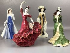 Collection of four Coalport ceramic figurines: 'Anastasia', 'Helena, Riding in Hyde Park', 'Liz'