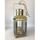 Pendant light in the form of a four sided vintage brass oil lamp, approx 37cm in height