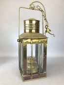 Pendant light in the form of a four sided vintage brass oil lamp, approx 37cm in height