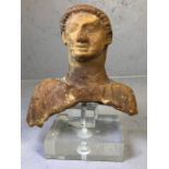 Roman pottery / clay bust on plinth, total height approx 24cm x 18cm wide