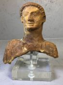 Roman pottery / clay bust on plinth, total height approx 24cm x 18cm wide