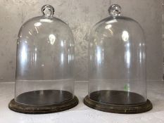 Pair of vintage glass bell display domes on wooden bases, approx 31cm in height