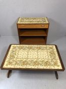 Mid Century tiled topped hostess sideboard with cutlery drawer and two shelves approx 84cms x