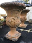 Pair of extra large garden urns with flared tops, acanthus leaf and rams head design, approx 93cm in