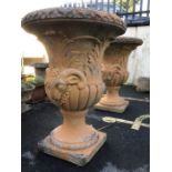 Pair of extra large garden urns with flared tops, acanthus leaf and rams head design, approx 93cm in