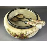 Doulton Burslem salad bowl in floral design and matching servers, approx 25cm in diameter