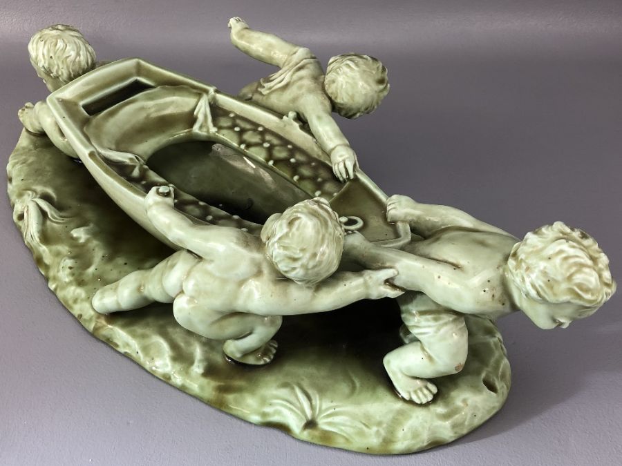 Large Clement Massier glazed pottery sculpture depicting four cherubs and a boat impressed marks - Image 4 of 7