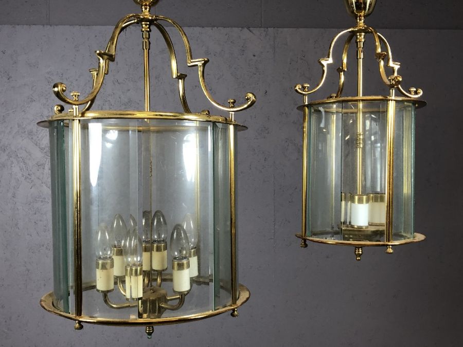 Two brass pendant lights with round glass shades, the larger approx 65cm in drop - Image 2 of 5