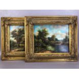 Pair of oils on board of rural scenes, unsigned, each approx 24cm x 19cm, in gilt frames