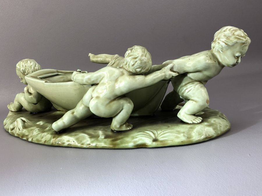 Large Clement Massier glazed pottery sculpture depicting four cherubs and a boat impressed marks - Image 3 of 7