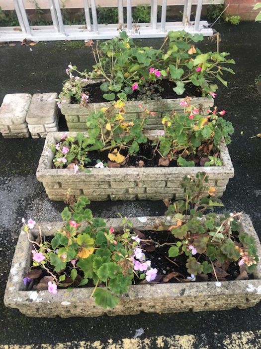 Three garden troughs / planters, each approx 75cm x 25cm