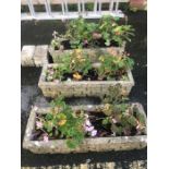 Three garden troughs / planters, each approx 75cm x 25cm