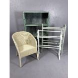 Wicker shelving unit, Lloyd Loom style chair and two wooden towel rails