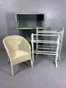 Wicker shelving unit, Lloyd Loom style chair and two wooden towel rails