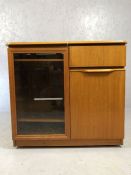 Mid Century music/hi-fi/media unit with lift up lid and storage cupboards. Approx 89cms x 49cms x