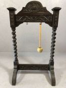 Chinese wooden gong frame and beater, approx 102cm in height