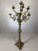 Tall brass effect candelabra on tri form base (A/F), approx 80cm tall