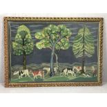 Early crewel work depicting cattle with a farmer and dog, approx 86cm x 58cm, framed and glazed