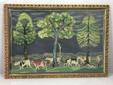 Early crewel work depicting cattle with a farmer and dog, approx 86cm x 58cm, framed and glazed
