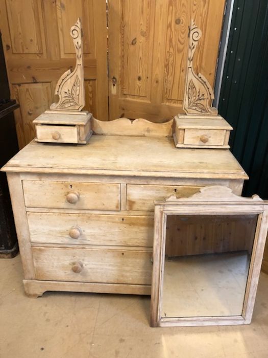 Antique pine chest of four drawers with bevel edged mirror and two drawers over, chest of drawers