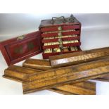 1920s Mahjong set in wooden case with drawers containing bamboo and bone tiles (one handle