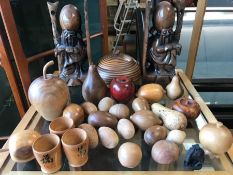 Collection of wooden items to include Chinese bookends and turned wooden items
